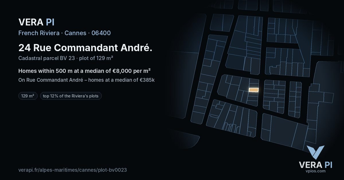24 Rue Commandant André, Cannes at night – the plot lit, the parcels around coloured by the prices near them