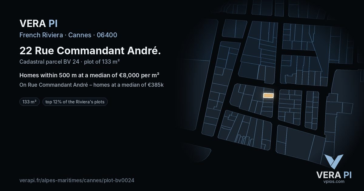 22 Rue Commandant André, Cannes at night – the plot lit, the parcels around coloured by the prices near them