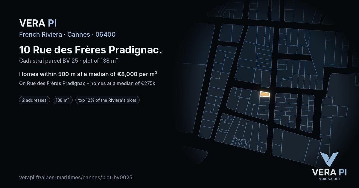 10 Rue des Frères Pradignac, Cannes at night – the plot lit, the parcels around coloured by the prices near them
