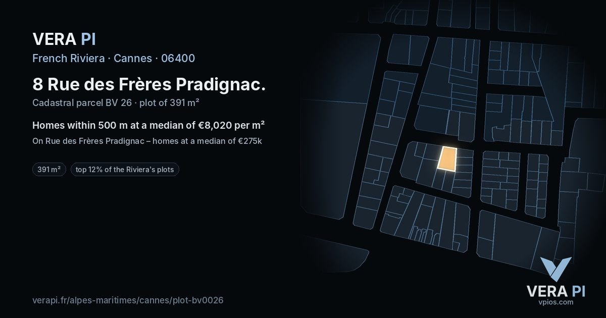 8 Rue des Frères Pradignac, Cannes at night – the plot lit, the parcels around coloured by the prices near them