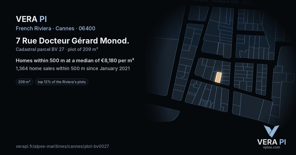 7 Rue Docteur Gérard Monod, Cannes at night – the plot lit, the parcels around coloured by the prices near them