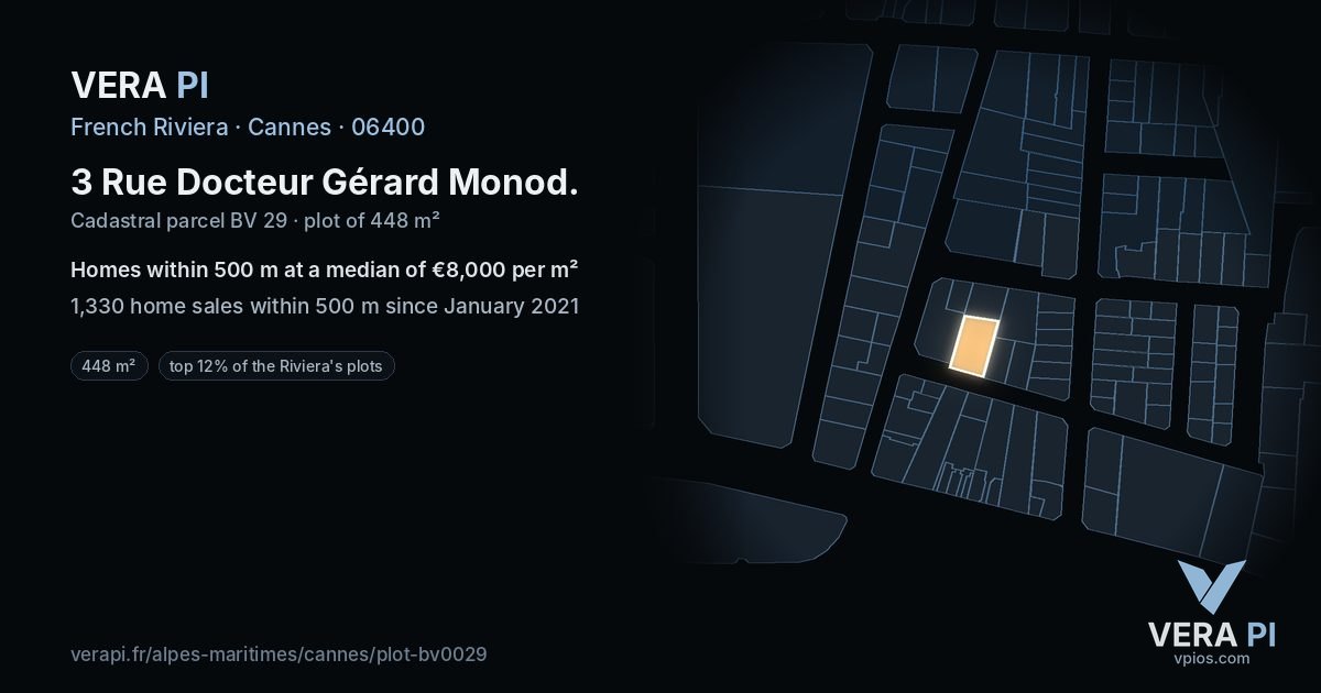 3 Rue Docteur Gérard Monod, Cannes at night – the plot lit, the parcels around coloured by the prices near them
