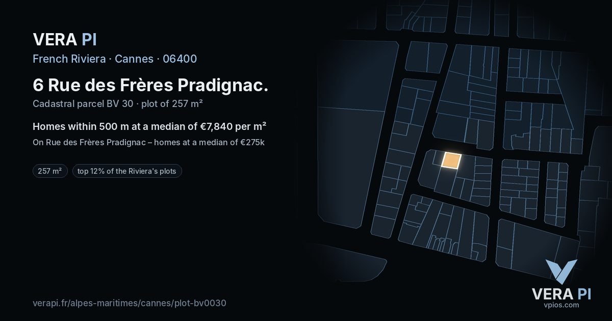 6 Rue des Frères Pradignac, Cannes at night – the plot lit, the parcels around coloured by the prices near them