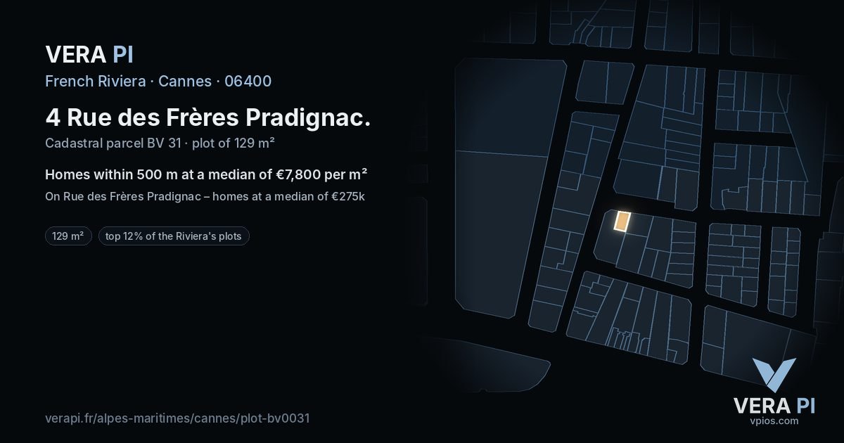 4 Rue des Frères Pradignac, Cannes at night – the plot lit, the parcels around coloured by the prices near them