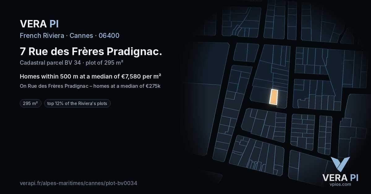 7 Rue des Frères Pradignac, Cannes at night – the plot lit, the parcels around coloured by the prices near them