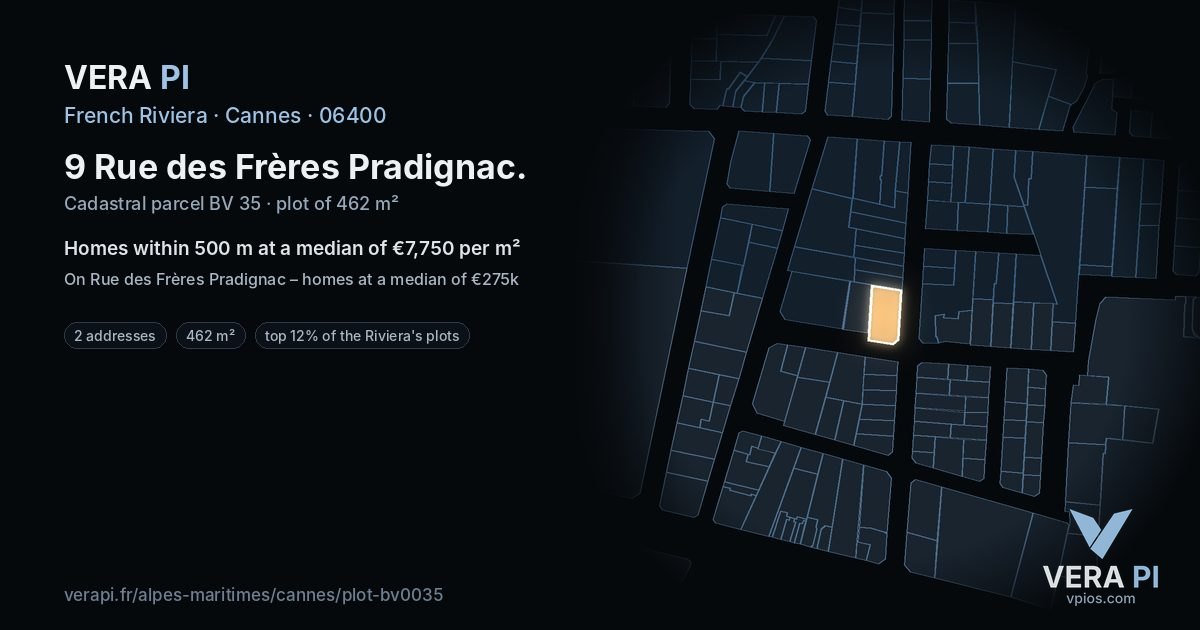 9 Rue des Frères Pradignac, Cannes at night – the plot lit, the parcels around coloured by the prices near them