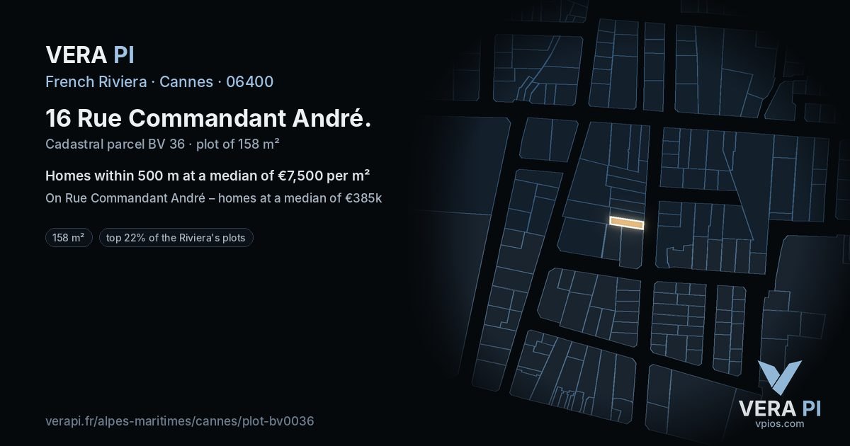 16 Rue Commandant André, Cannes at night – the plot lit, the parcels around coloured by the prices near them