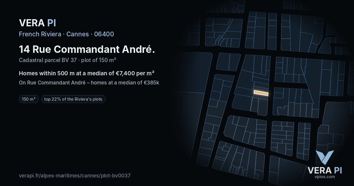 14 Rue Commandant André, Cannes at night – the plot lit, the parcels around coloured by the prices near them
