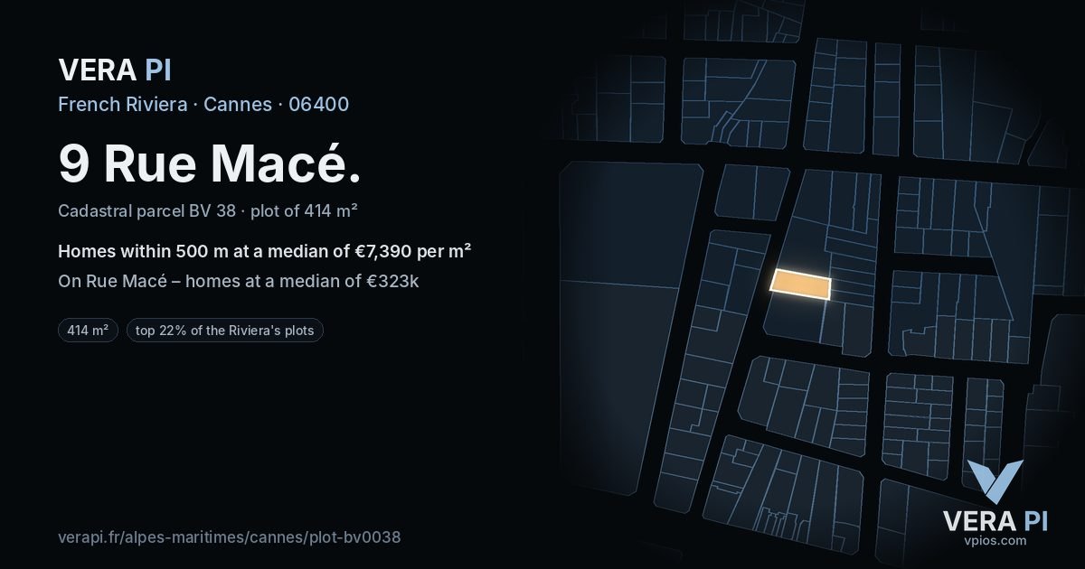 9 Rue Macé, Cannes at night – the plot lit, the parcels around coloured by the prices near them