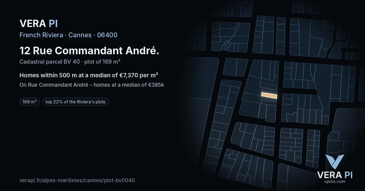 12 Rue Commandant André, Cannes at night – the plot lit, the parcels around coloured by the prices near them