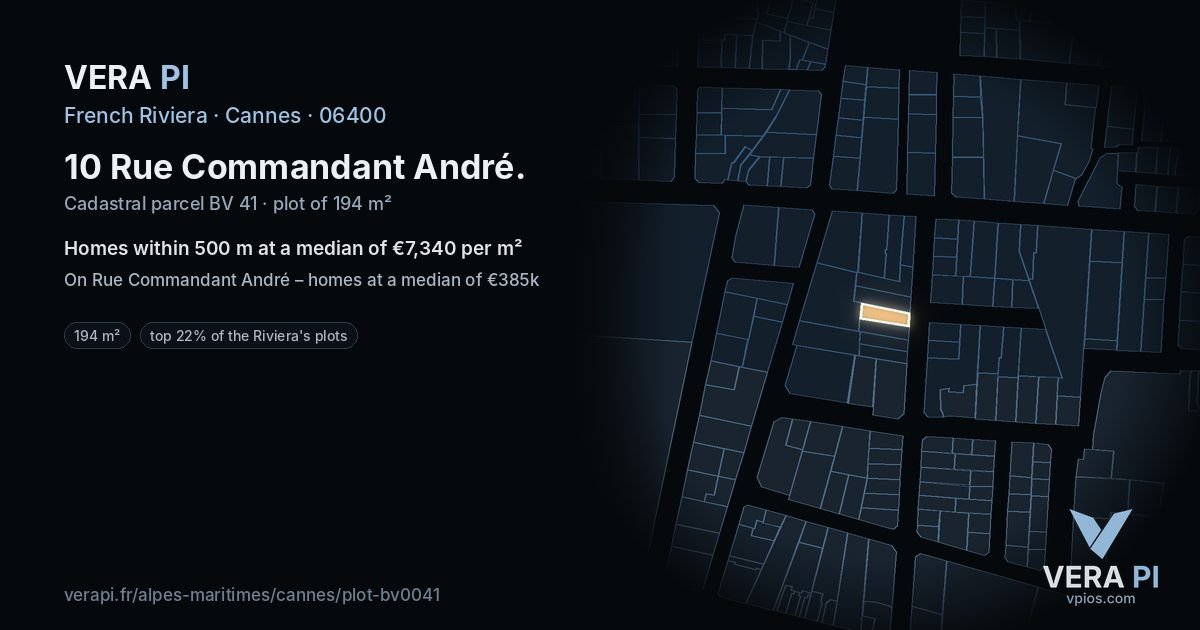 10 Rue Commandant André, Cannes at night – the plot lit, the parcels around coloured by the prices near them