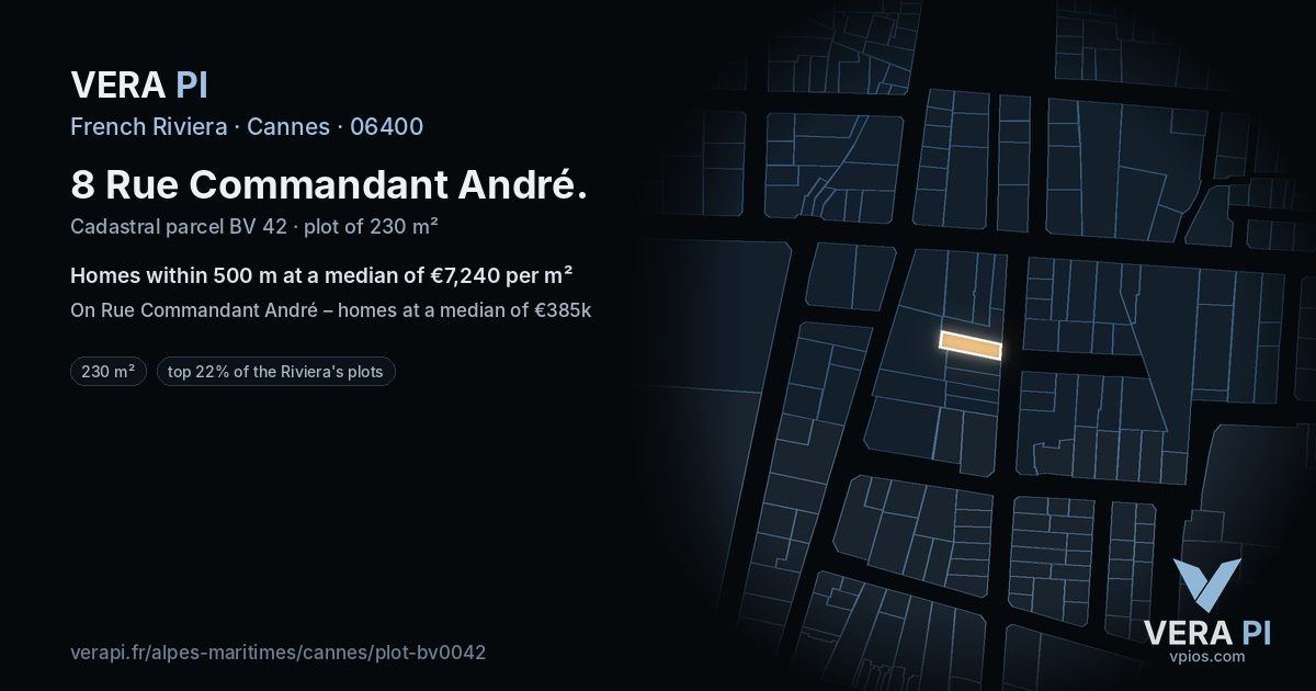 8 Rue Commandant André, Cannes at night – the plot lit, the parcels around coloured by the prices near them