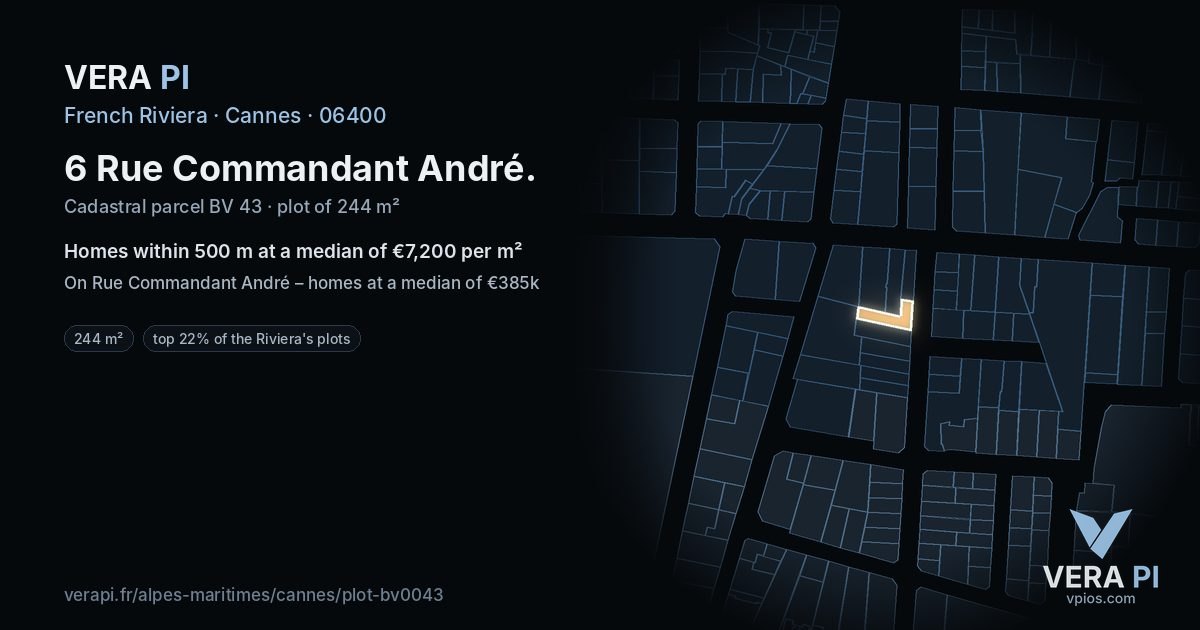 6 Rue Commandant André, Cannes at night – the plot lit, the parcels around coloured by the prices near them