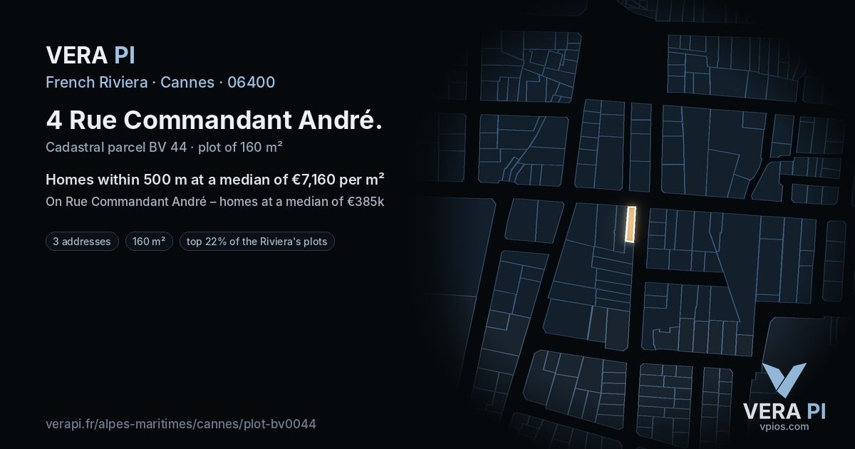 4 Rue Commandant André, Cannes at night – the plot lit, the parcels around coloured by the prices near them