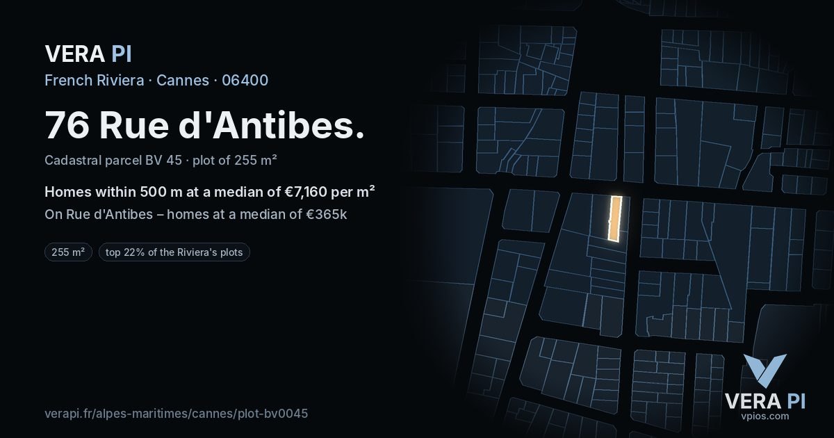 76 Rue d'Antibes, Cannes at night – the plot lit, the parcels around coloured by the prices near them