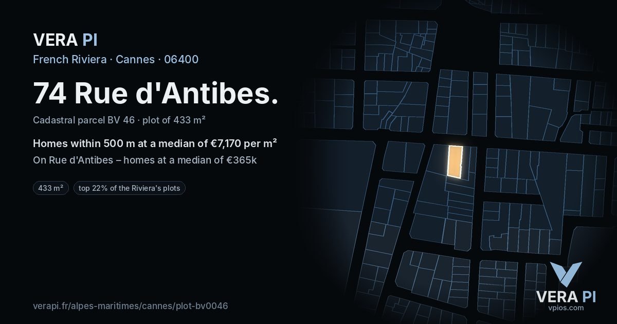 74 Rue d'Antibes, Cannes at night – the plot lit, the parcels around coloured by the prices near them