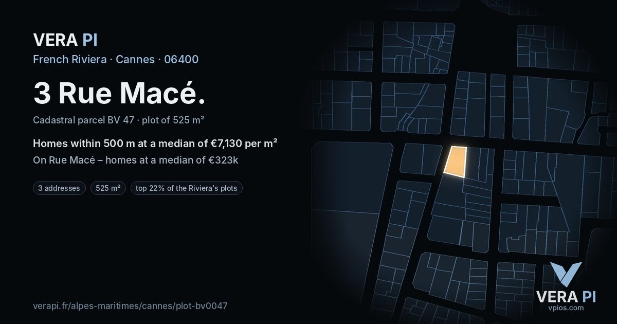 3 Rue Macé, Cannes at night – the plot lit, the parcels around coloured by the prices near them