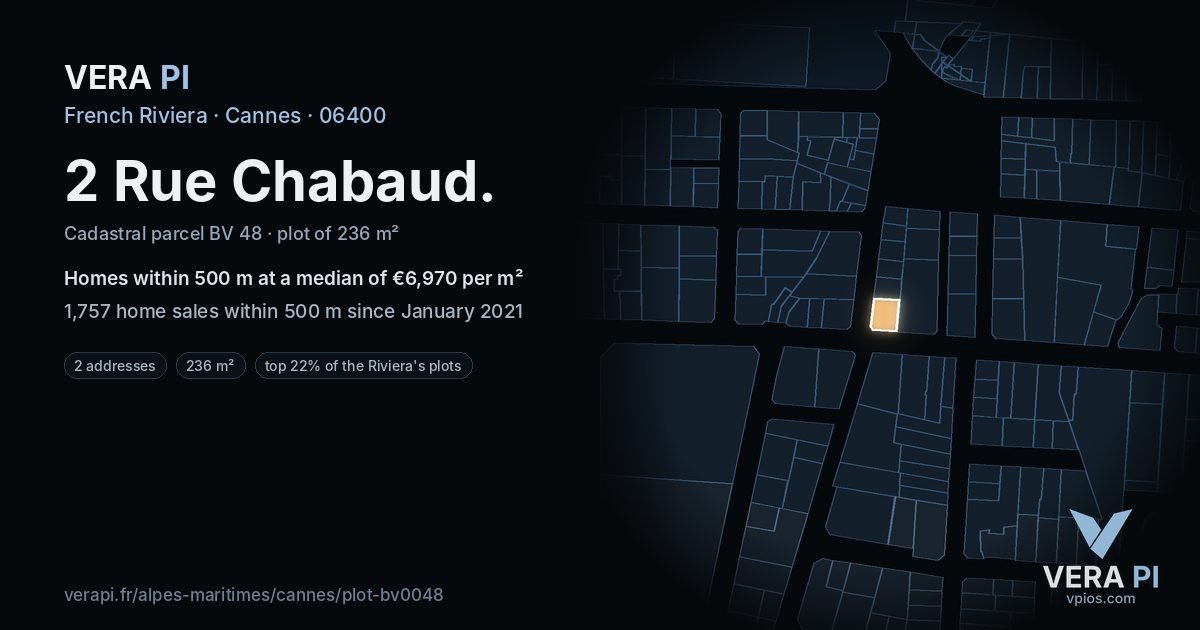 2 Rue Chabaud, Cannes at night – the plot lit, the parcels around coloured by the prices near them