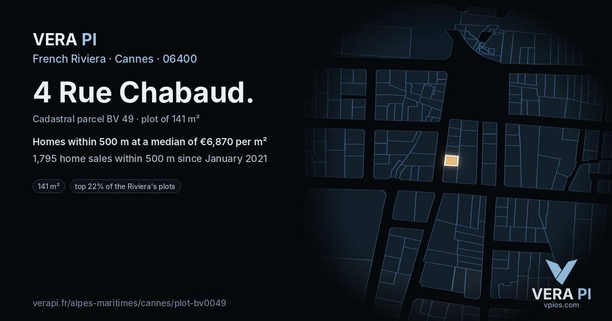 4 Rue Chabaud, Cannes at night – the plot lit, the parcels around coloured by the prices near them