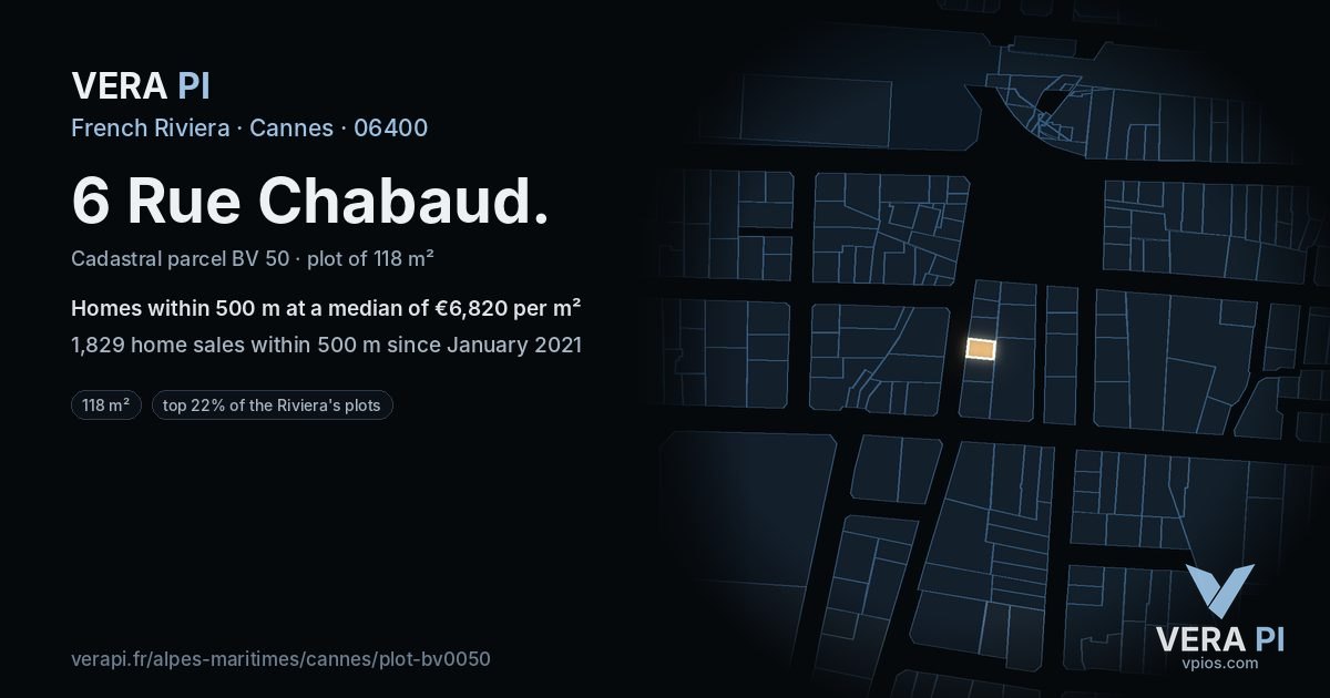 6 Rue Chabaud, Cannes at night – the plot lit, the parcels around coloured by the prices near them