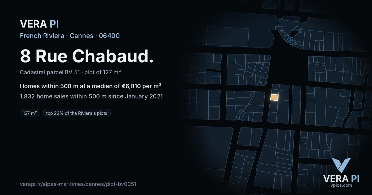 8 Rue Chabaud, Cannes at night – the plot lit, the parcels around coloured by the prices near them