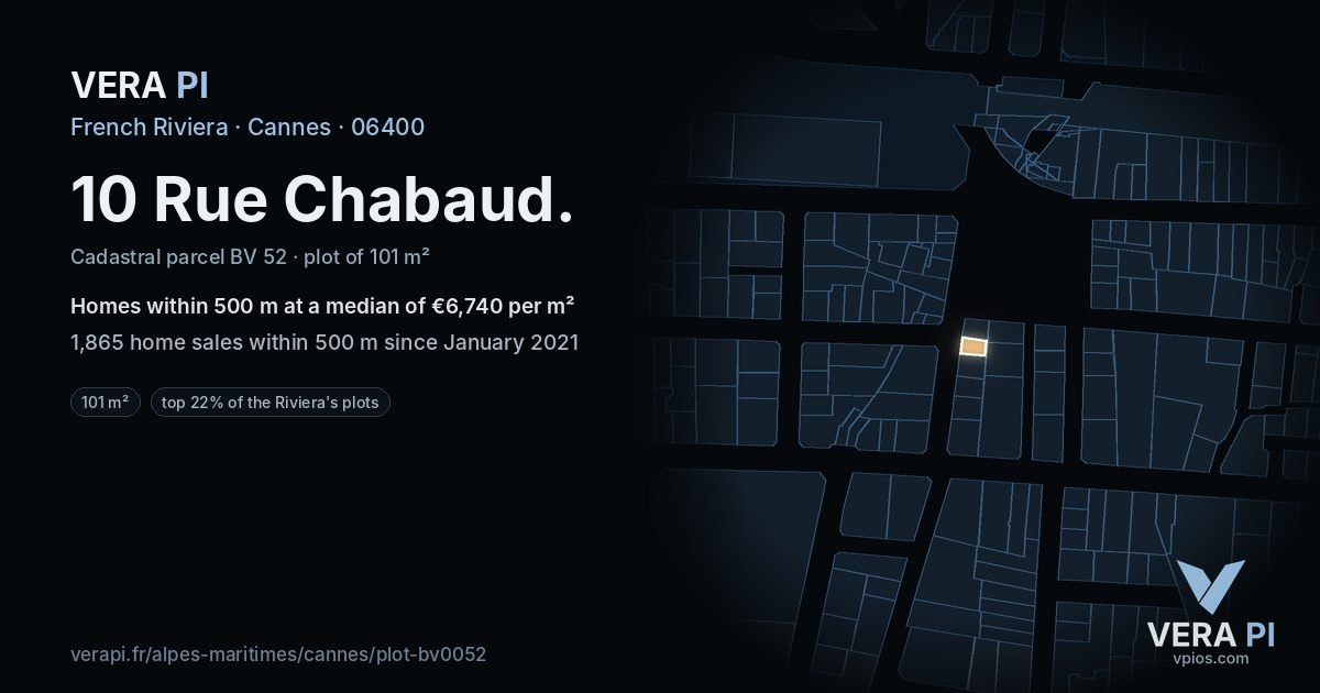 10 Rue Chabaud, Cannes at night – the plot lit, the parcels around coloured by the prices near them