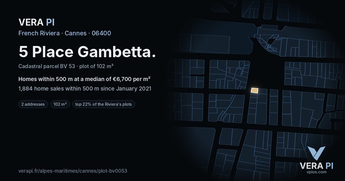 5 Place Gambetta, Cannes at night – the plot lit, the parcels around coloured by the prices near them