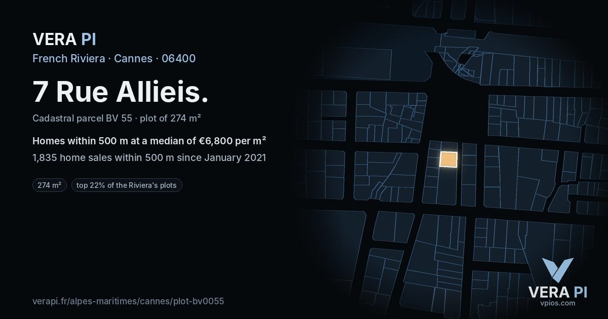 7 Rue Allieis, Cannes at night – the plot lit, the parcels around coloured by the prices near them