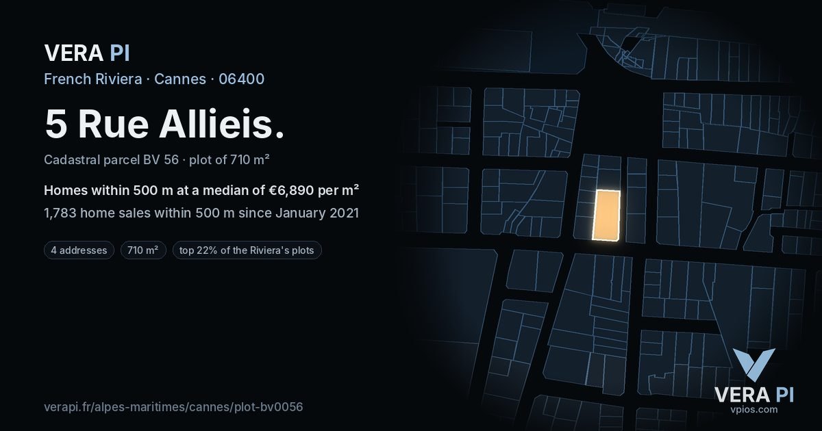 5 Rue Allieis, Cannes at night – the plot lit, the parcels around coloured by the prices near them