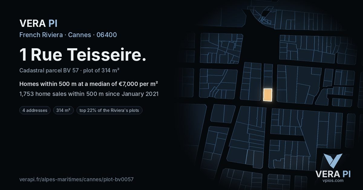 1 Rue Teisseire, Cannes at night – the plot lit, the parcels around coloured by the prices near them