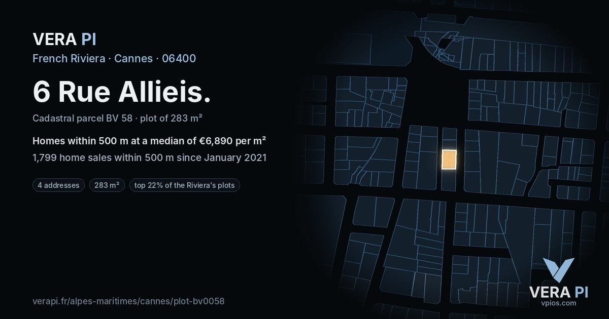 6 Rue Allieis, Cannes at night – the plot lit, the parcels around coloured by the prices near them