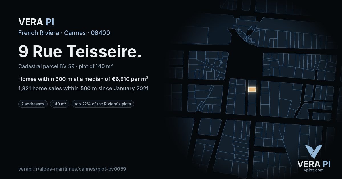 9 Rue Teisseire, Cannes at night – the plot lit, the parcels around coloured by the prices near them