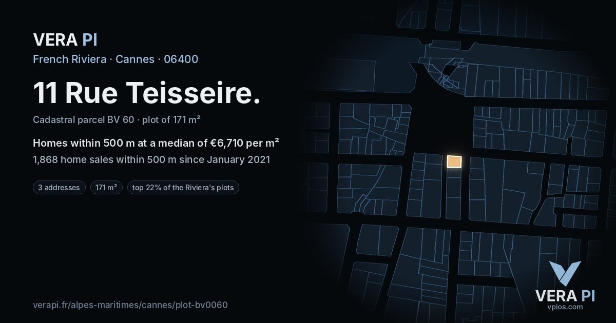 11 Rue Teisseire, Cannes at night – the plot lit, the parcels around coloured by the prices near them