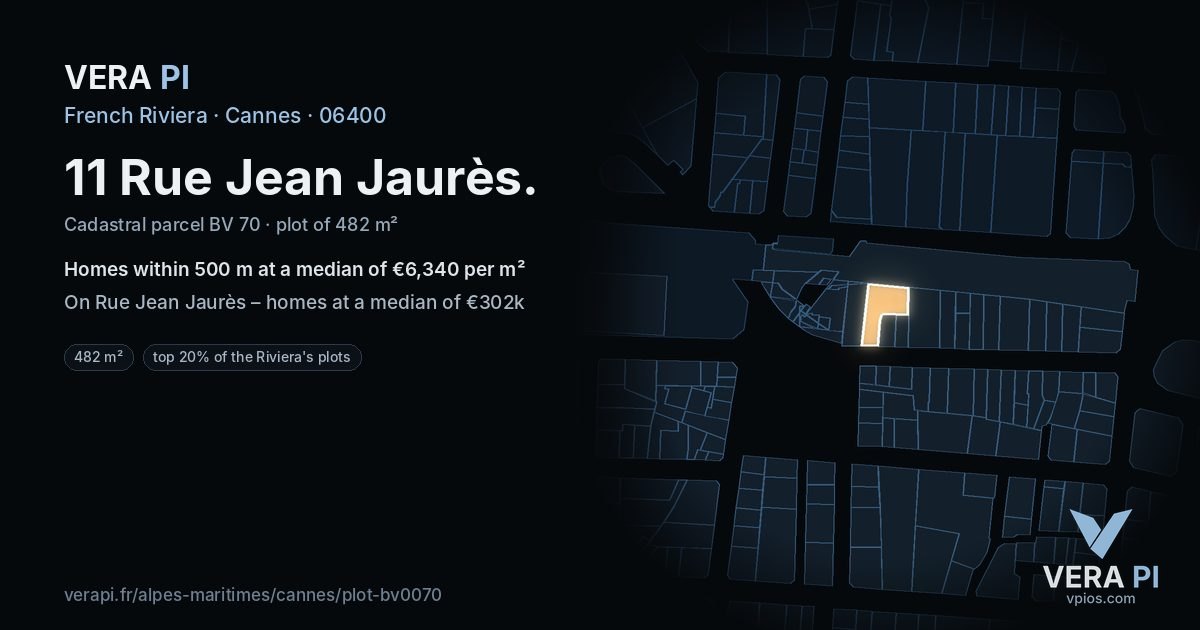 11 Rue Jean Jaurès, Cannes at night – the plot lit, the parcels around coloured by the prices near them