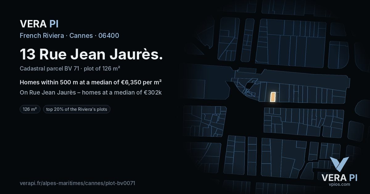 13 Rue Jean Jaurès, Cannes at night – the plot lit, the parcels around coloured by the prices near them