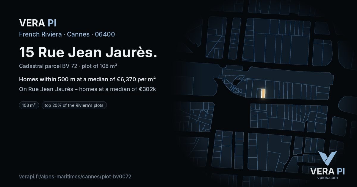 15 Rue Jean Jaurès, Cannes at night – the plot lit, the parcels around coloured by the prices near them