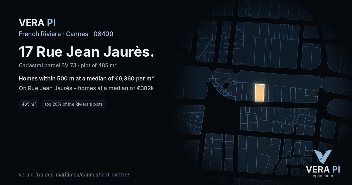 17 Rue Jean Jaurès, Cannes at night – the plot lit, the parcels around coloured by the prices near them
