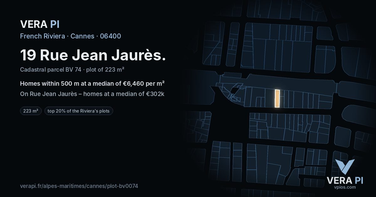 19 Rue Jean Jaurès, Cannes at night – the plot lit, the parcels around coloured by the prices near them