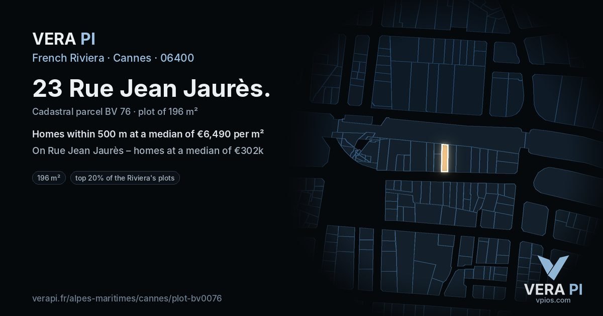 23 Rue Jean Jaurès, Cannes at night – the plot lit, the parcels around coloured by the prices near them