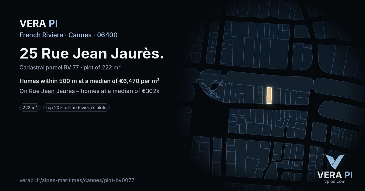25 Rue Jean Jaurès, Cannes at night – the plot lit, the parcels around coloured by the prices near them