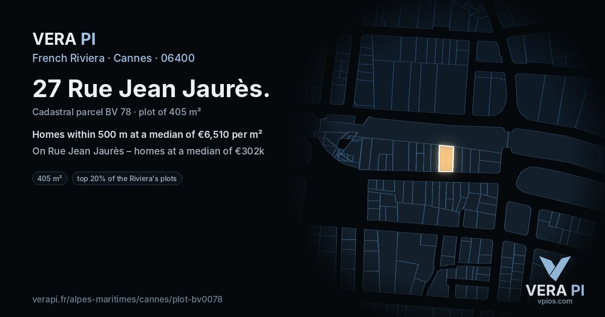 27 Rue Jean Jaurès, Cannes at night – the plot lit, the parcels around coloured by the prices near them