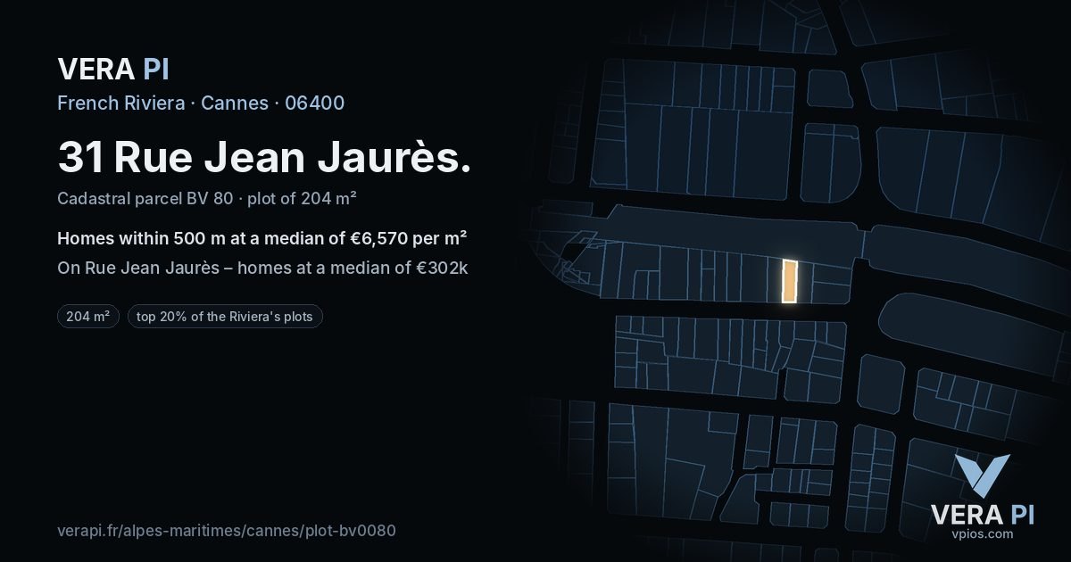 31 Rue Jean Jaurès, Cannes at night – the plot lit, the parcels around coloured by the prices near them