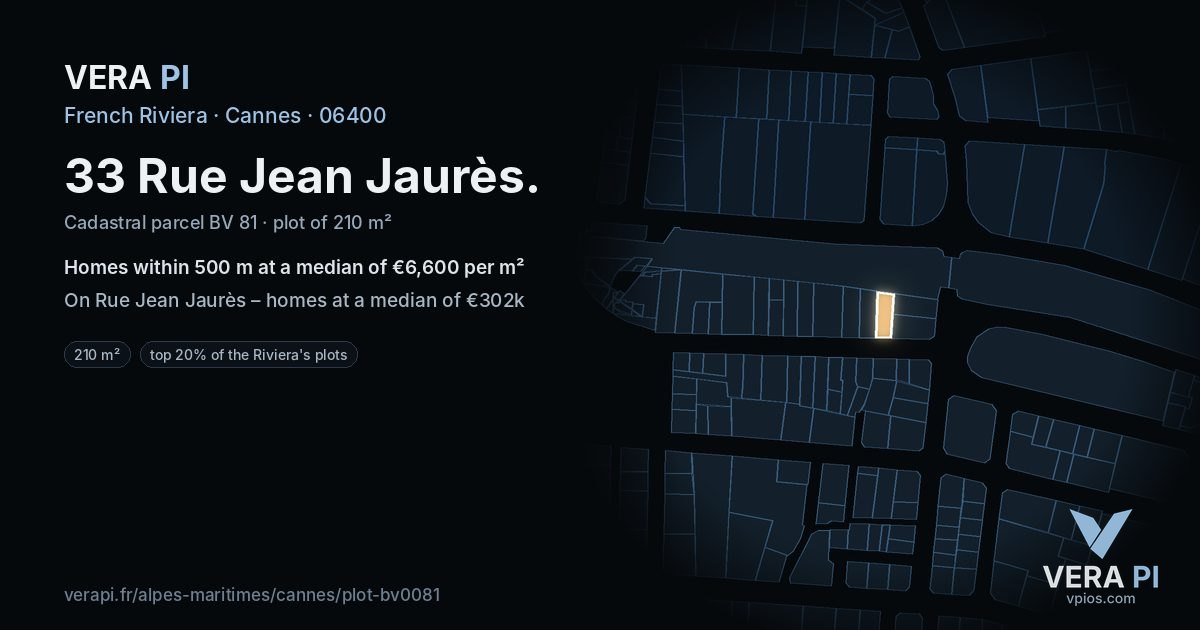 33 Rue Jean Jaurès, Cannes at night – the plot lit, the parcels around coloured by the prices near them