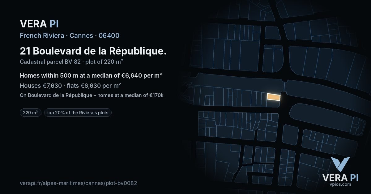 21 Boulevard de la République, Cannes at night – the plot lit, the parcels around coloured by the prices near them