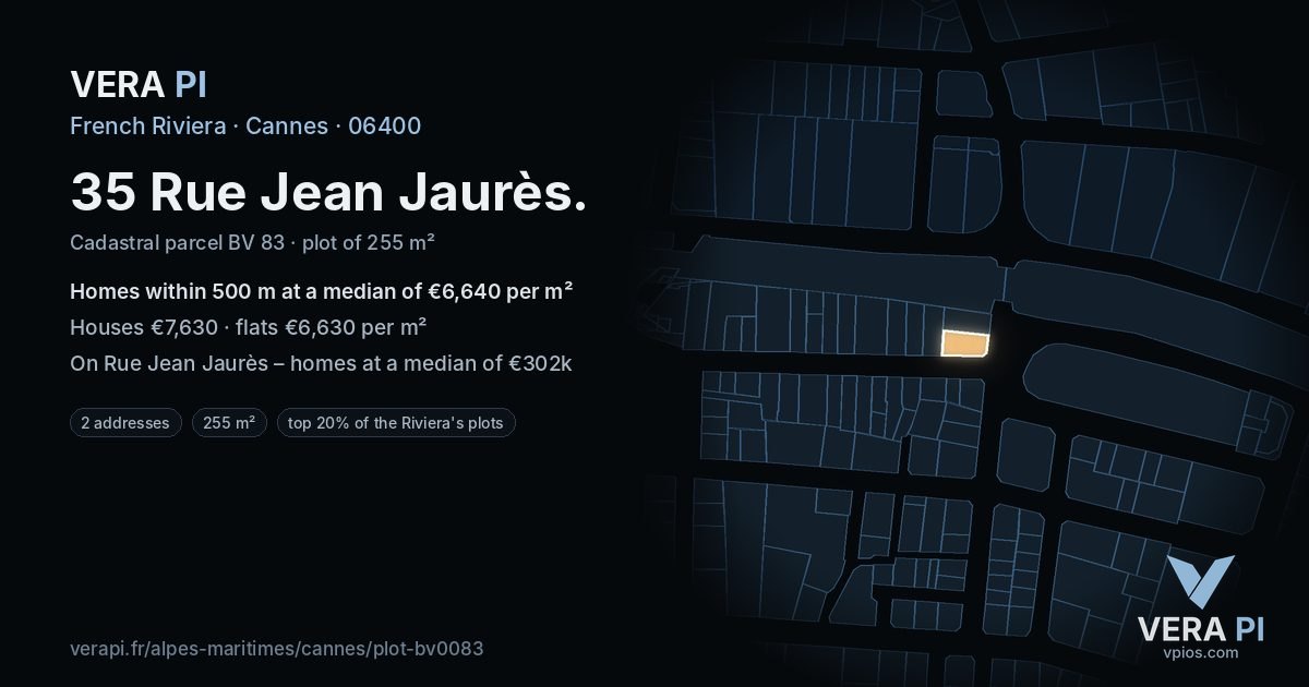 35 Rue Jean Jaurès, Cannes at night – the plot lit, the parcels around coloured by the prices near them