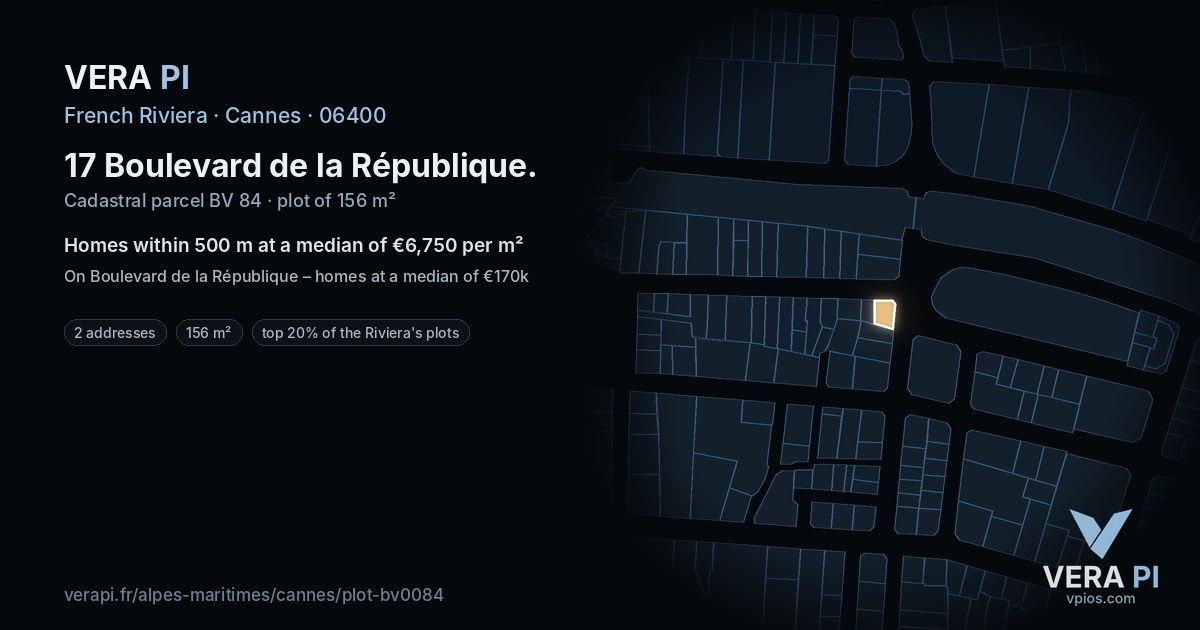 17 Boulevard de la République, Cannes at night – the plot lit, the parcels around coloured by the prices near them