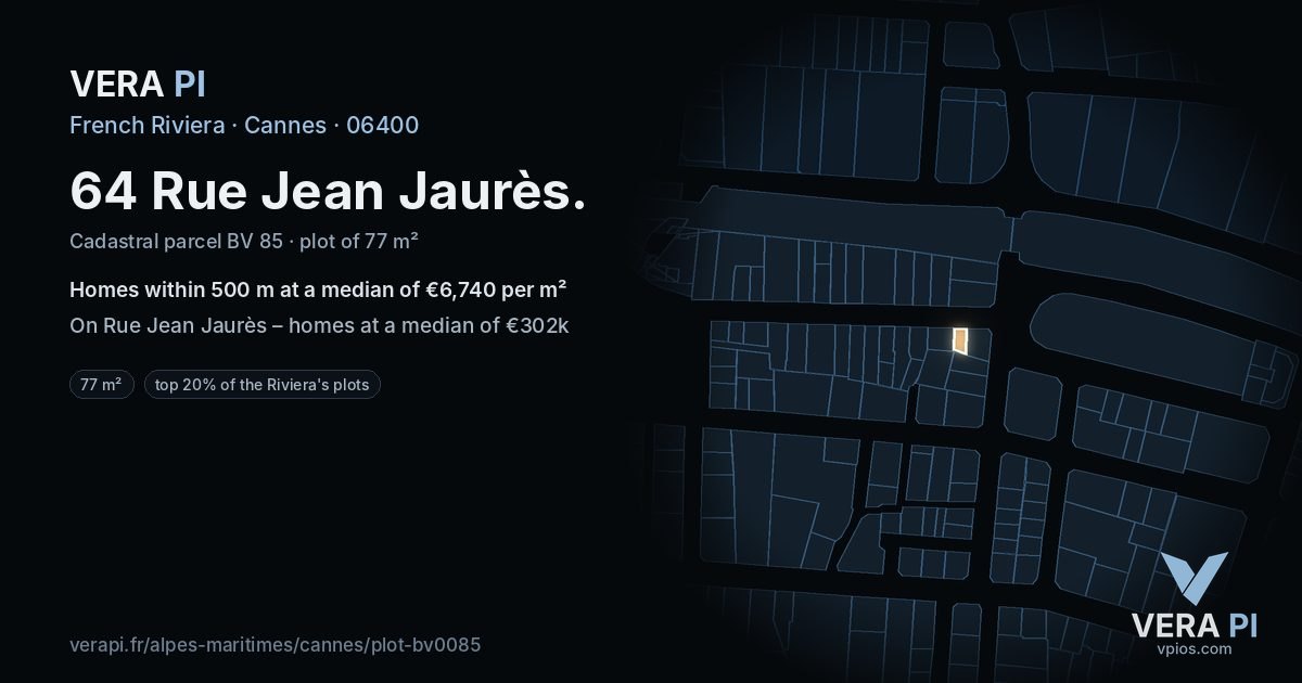 64 Rue Jean Jaurès, Cannes at night – the plot lit, the parcels around coloured by the prices near them