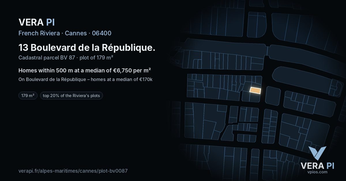 13 Boulevard de la République, Cannes at night – the plot lit, the parcels around coloured by the prices near them