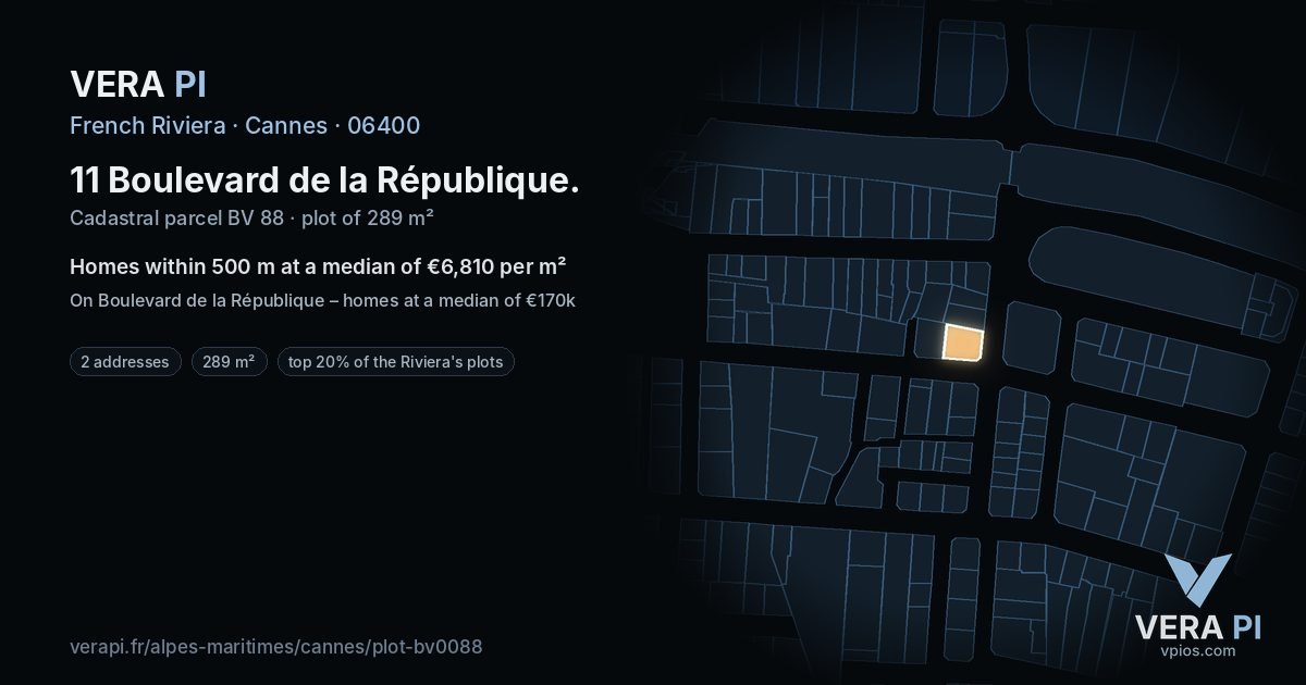 11 Boulevard de la République, Cannes at night – the plot lit, the parcels around coloured by the prices near them