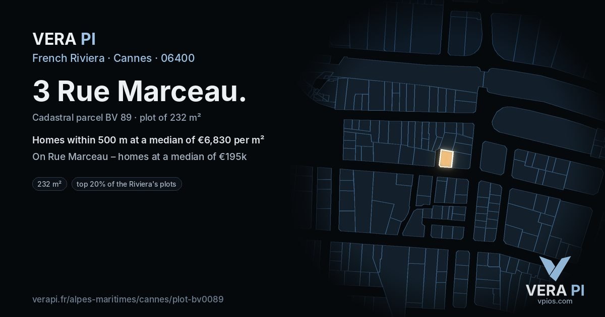 3 Rue Marceau, Cannes at night – the plot lit, the parcels around coloured by the prices near them